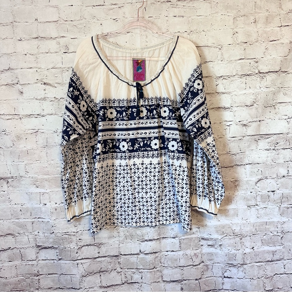 Johnny Was Ivory and Navy Patterned Boho Blouse